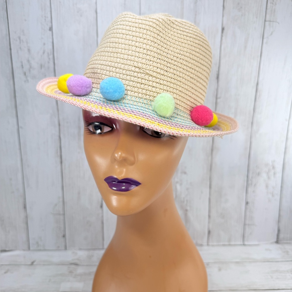 Tan Pom-Pom Straw Beach Sun Summer Hat  Easter Cap On Size Fits Most S/M